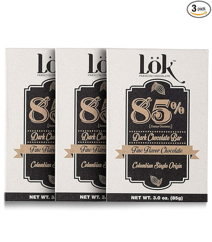 Lok Dark Chocolate Bar 85% Cacao | Fair Trade, Non-GMO, Kosher, Gluten Free, Vegan, Bean-to-Bar, Keto Friendly, Low-Carb, Paleo Lök | 3.0 Ounce 3 Pack