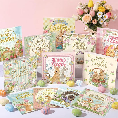 Saillong 12 Pack Vintage Easter Diamond Painting Greeting Card Kits DIY Easter Diamond Art Card with Envelope Spring Bunny Egg 5D Rhinestones Painting Making Kit for Adult DIY Craft Family Friend Gift