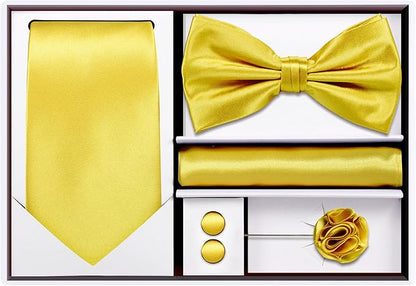 TIE G 5pcs Tie Set in WHITE OR BLACK GIFT BOX: Solid Color Necktie, Satin Bow Tie, Pocket Square, Lapel, Cuff Links