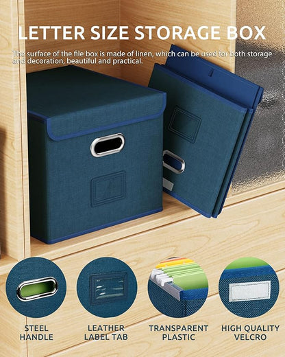 Oterri 2 Pack File Organizer Box,File Box,Small File Cabinet for Letter Folders,Dark Blue Portable Filing Box,Hanging File Folder Organizer with Lid for Office/Decor/Home- without Folders
