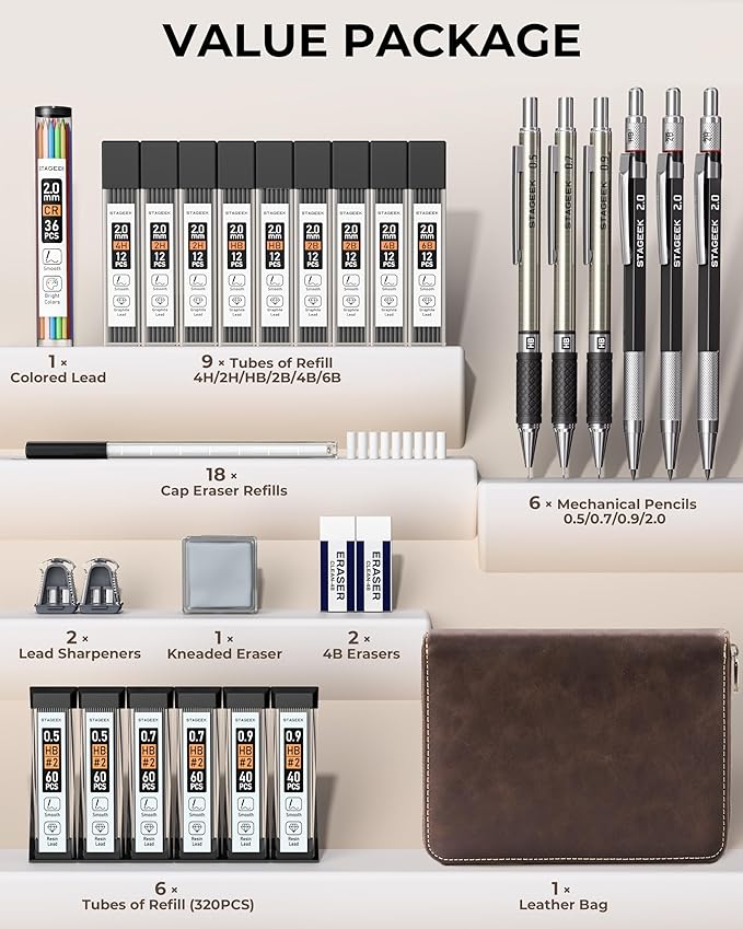 30PCS Mechanical Pencil Set with Leather Bag, Drawing Pencils 0.5, 0.7, 0.9MM & 3PCS 2MM Sketching Pencil with 464PCS Leads (6B 4B 2B HB 2H 4H Color) for Artist Drafting Drawing Writing