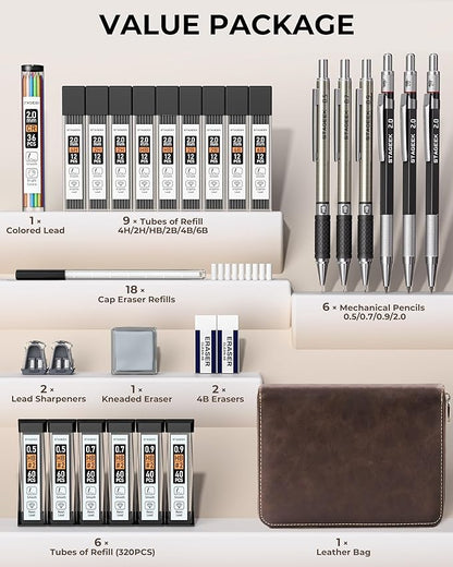 30PCS Mechanical Pencil Set with Leather Bag, Drawing Pencils 0.5, 0.7, 0.9MM & 3PCS 2MM Sketching Pencil with 464PCS Leads (6B 4B 2B HB 2H 4H Color) for Artist Drafting Drawing Writing
