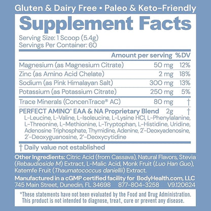 BodyHealth PerfectAmino Electrolytes Powder No Sugar, Keto Sugar Free Fasting Electrolytes Drink Mix, Hydration Powder with Trace Minerals - Orange - 60 Servings