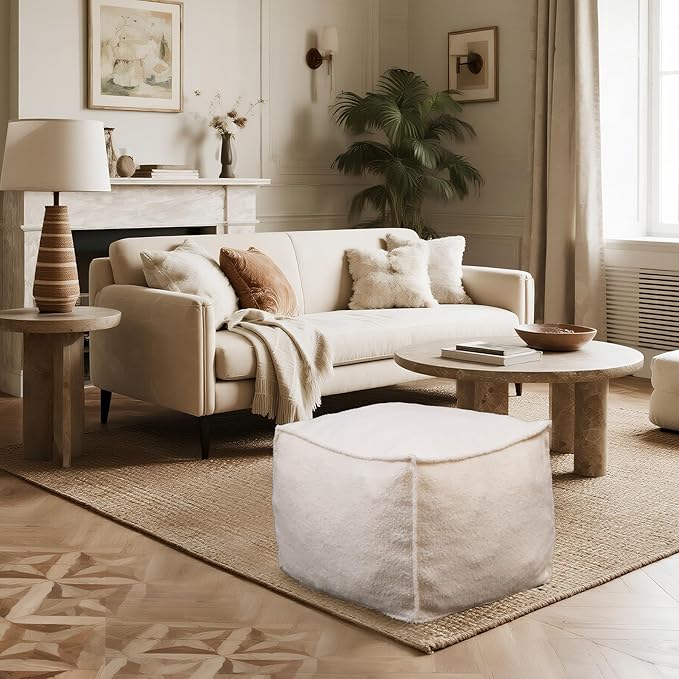 Square Boucle Pouf Ottoman Footrest – Soft & Lightweight Footstool with Foam Filling for Living Room & Bedroom, Laid-Back Lounge Style