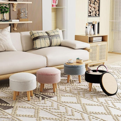 Poofzy Small Ottoman with Storage, Small Foot Stool Ottoman with Wood Legs, Faux Fur Foot Rest for Couch, Living Room and Bedroom - Light Green