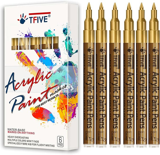 Gold Marker Paint Pens - 6 Pack Acrylic Gold Permanent Marker, 0.7mm Extra Fine Tip Paint Pen for Art projects, Drawing, Rock Painting, Stone, Ceramic, Glass, Wood, Plastic, Metal, Canvas DIY Crafts