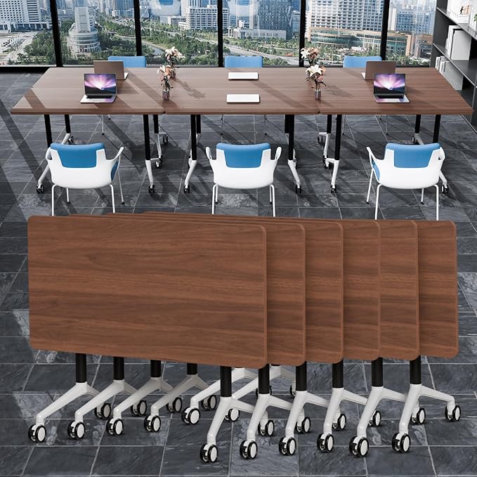 Conference Table Folding Conference Room Tables, Modern Mobile Meeting Training Table with Silent Wheels, Foldable Seminar Table for Offices, Classrooms, Libraries (6, walnut2, 61in)