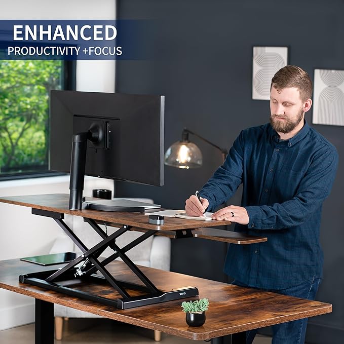 VIVO 48 inch Desk Converter, K Series, Height Adjustable Sit to Stand Riser, Dual Monitor and Laptop Workstation with Wide Keyboard Tray, Rustic Vintage Brown Top, Black Frame, DESK-V048KN
