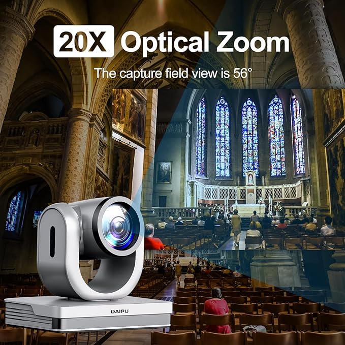 PTZ Camera 20X Optical Zoom, HDMI| USB3.0| SDI| LAN| PoE, 1080P FHD 60fps, AI Auto Tracking, 1/2.8" CMOS Sensor, 255 Presets, Conference Room Camera, for Church Worship Live Streaming Business