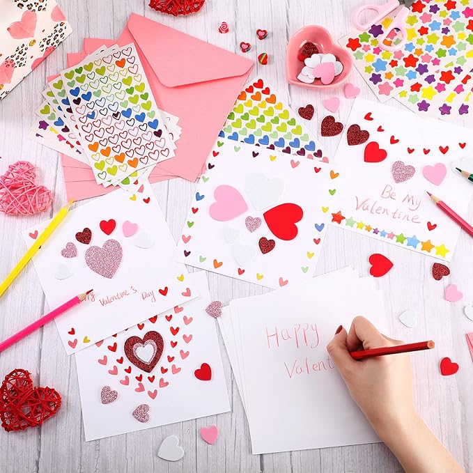 Zonon 16 Pcak Valentines Crafts DIY Card Valentines's Day Kits Foam Heart Sticker Craft DIY Kits Envelopes Cards Set for Exchange Gifts (Pink)