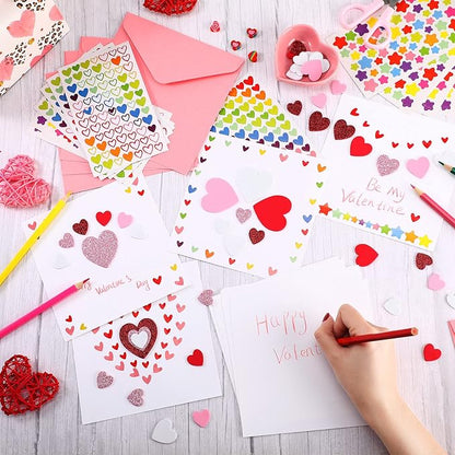 Zonon 16 Pcak Valentines Crafts DIY Card Valentines's Day Kits Foam Heart Sticker Craft DIY Kits Envelopes Cards Set for Exchange Gifts (Pink)