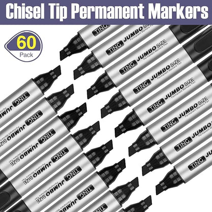 Cholemy 60 Pcs Jumbo Permanent Markers Bulk Large Permanent Chisel Tip Markers Waterproof Jumbo King Big Poster Large Paint Pens for Works on Wood Metal Stone