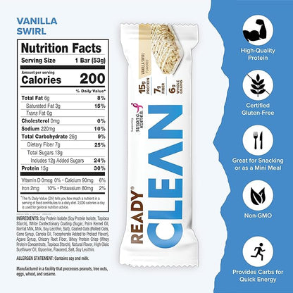 Ready® Protein Bars – High-Protein Snack with 15g Whey Protein, All-Natural Ingredients, Supports Lean Muscle and Recovery, No Artificial Sweeteners – Vanilla Swirl, 12-Pack