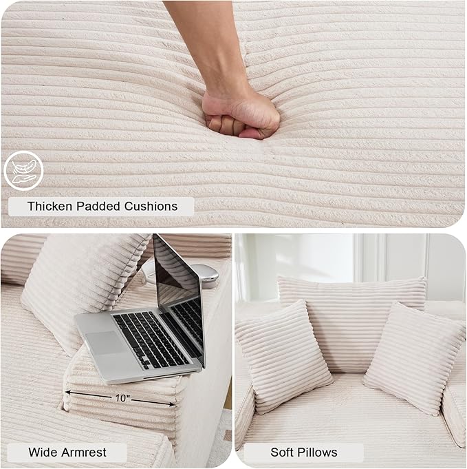 49" Chaise Lounge Chair Indoor, Oversized Wide Arm Boneless Sofa Bed with Plush Corduroy & High-Density Foam, No Assembly Cloud Couch for Living Room, Bedroom, Reading Nap (Beige)