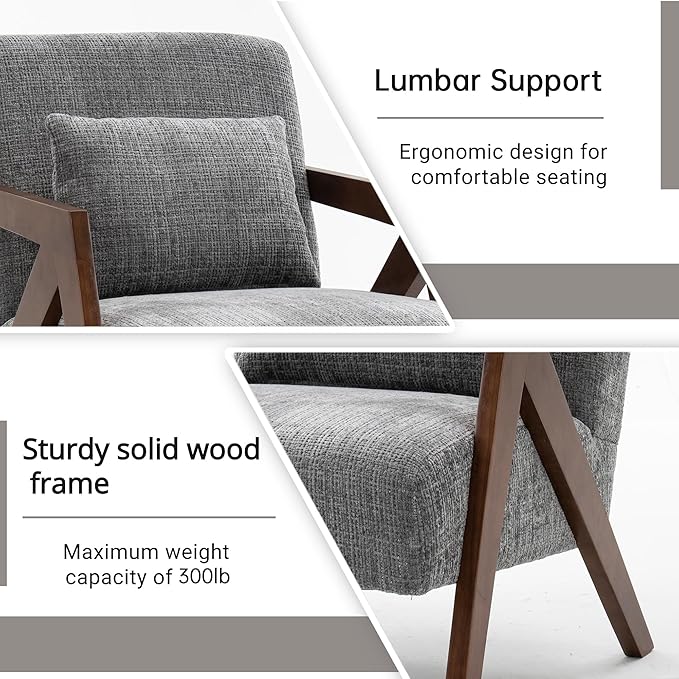 Mid Century Modern Accent Chair with Solid Wood Frame，Upholstered Chenille Living Room Arm Chairs with Pillow for Bedroom, Living Room, Reading Room, Balcony (1, Grey)