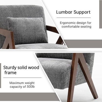 Mid Century Modern Accent Chair with Solid Wood Frame，Upholstered Chenille Living Room Arm Chairs with Pillow for Bedroom, Living Room, Reading Room, Balcony (1, Grey)