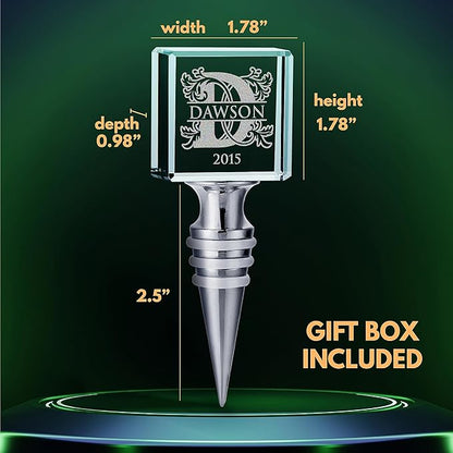 Personalized Crystal Wine Stopper - Custom Engraved Initial, Name & Date - 3D Glass Bottle Stopper with 6 Design Options - Square, Included Gift Box