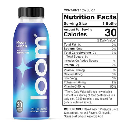 Moon Punch Juice Drinks by Loom, Low Sugar Juice, Real Fruit, No Added Sugar, 30 Calories, Vegan, Gluten Free, 12 oz bottles, 12 pack