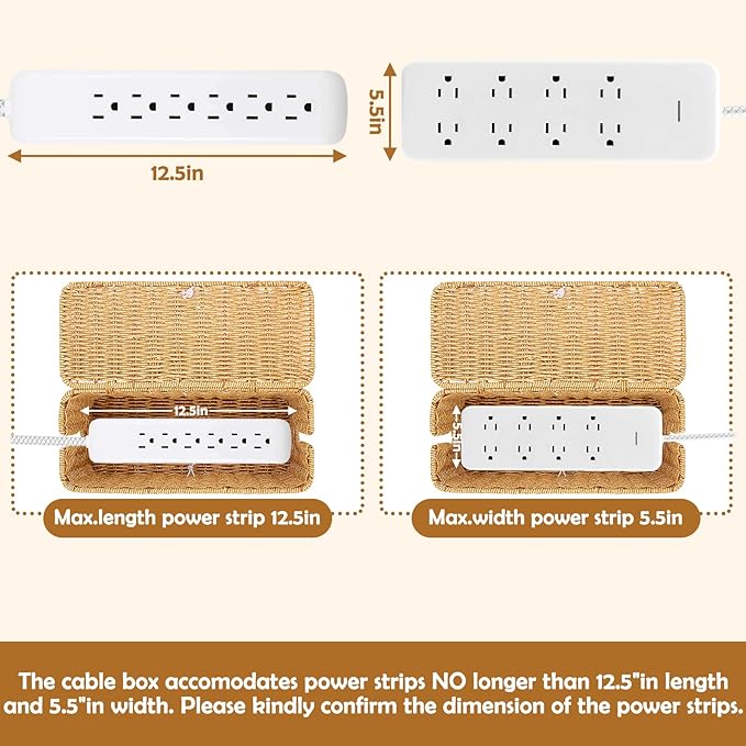 Cable Management Box, Handmade Imitation Rattan Cord Cable Organizer, Open Slots Cords Hider Box, Under Desk Cord Organizer for Computer Router USB Hub & Power Strip