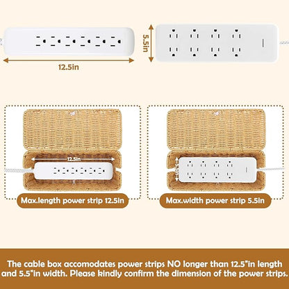 Cable Management Box, Handmade Imitation Rattan Cord Cable Organizer, Open Slots Cords Hider Box, Under Desk Cord Organizer for Computer Router USB Hub & Power Strip