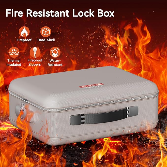 Fireproof Document Box, Hard Case Fireproof Box with Lock, Portable Hard-Shell Fireproof Water Resistant Document Safe for Important Documents, Laptops, Passports, Files and More (Gray)