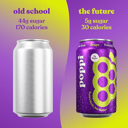 Poppi Sparkling Prebiotic Soda Beverage with Apple Cider Vinegar, Seltzer Water and Fruit Juice, Grape Flavor, 12 Fl Oz, Pack of 12, Packaging May Vary
