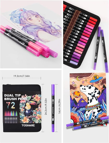 Art Markers Pens Dual Tip Markers Set with Fine & Brush Nib for Adult Coloring Book Christmas Gifts for Teens Calligraphy & Drawing Art Supplies Kit for Kids and Adults (72 Colors)