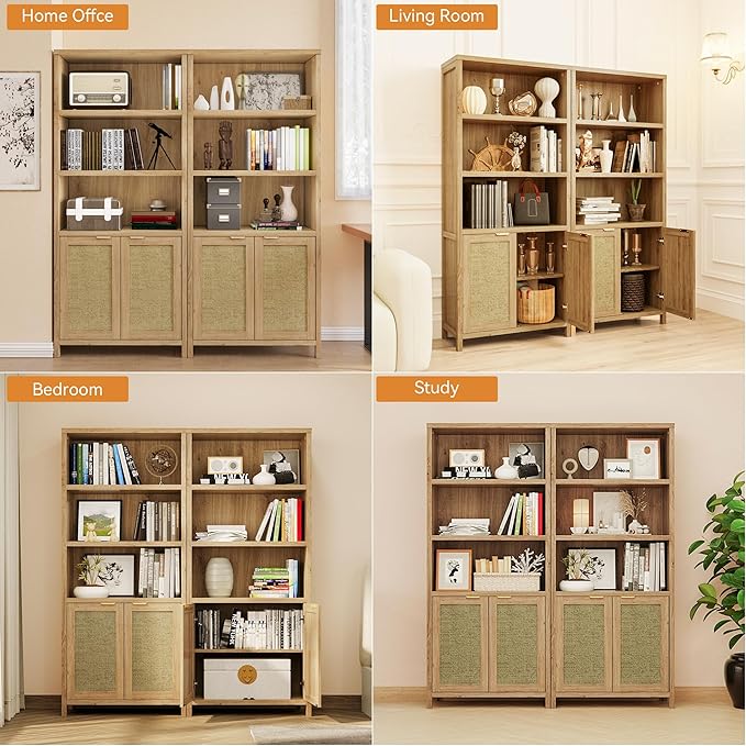 Bookshelf, 71" Tall Bookcase with Doors, 5 Tier Wooden Bookshelf Open Shelf Bookcase, Modern Farmhouse Bookshelves for Office, Library, Living Room (Set of 2)