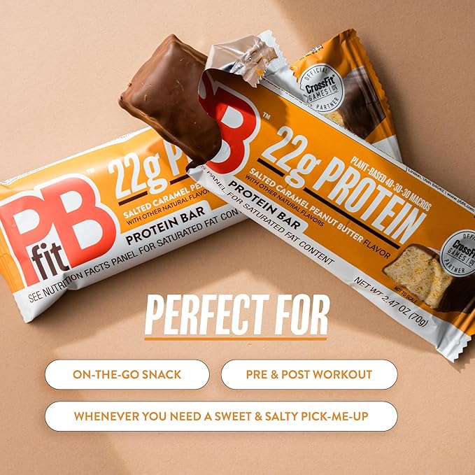 PBfit Salted Caramel Peanut Butter Protein Bars, 22g Protein, Gluten Free, Vegan, Plant-Based 40-30-30 Macros, 2.47 Oz (Pack of 12)