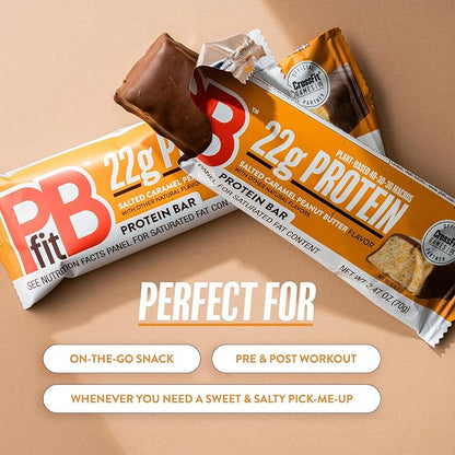 PBfit Salted Caramel Peanut Butter Protein Bars, 22g Protein, Gluten Free, Vegan, Plant-Based 40-30-30 Macros, 2.47 Oz (Pack of 12)