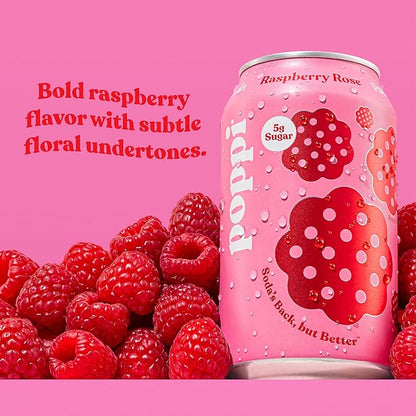 Poppi Sparkling Prebiotic Soda Beverage with Apple Cider Vinegar, Seltzer Water and Fruit Juice, Raspberry Rose Flavor, 12 oz, Pack of 12, Packaging May Vary