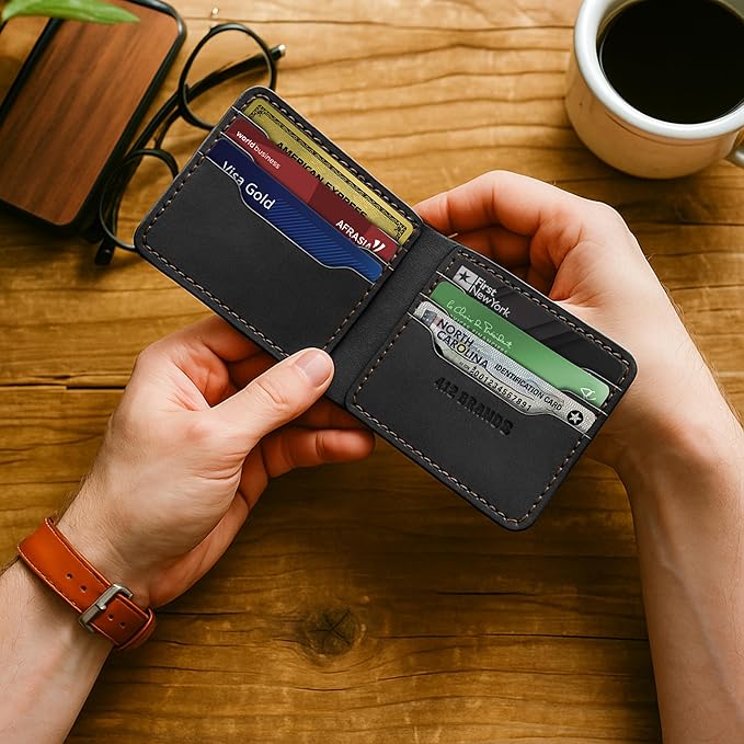 Genuine Leather Wallet for Men – Slim Bifold handmade mens wallet with ID Window & Card Slots Classic Minimalist Leather Wallet Gift (Black)