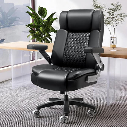 Big and Tall Office Chair 600lbs with 5D Flip Arms, Heavy Duty Executive Leather Office Chairs, Black Ergonomic Office Chair with Adjustable Lumbar Support & Pocket Spring Cushion, Dual Rubber Wheel