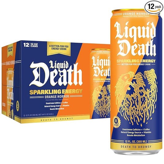 Liquid Death Orange Horror, Orange and Cream-Flavored Sparkling Energy, Sugar-Free Energy Drink, 100mg Caffeine, 12 Fl Oz (Pack of 12)