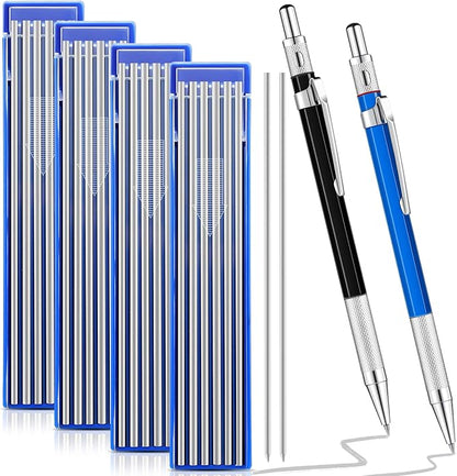 2 Pcs Welders Pencil with 48 PCS Round Refills Mechanical Pencils Metal Welding Marker for Tube Pipe Fitter Welder Steel Construction Woodworking (Silver)