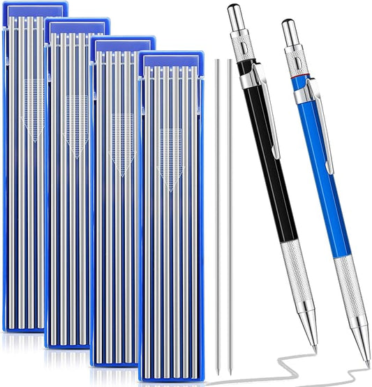 2 Pcs Welders Pencil with 48 PCS Round Refills Mechanical Pencils Metal Welding Marker for Tube Pipe Fitter Welder Steel Construction Woodworking (Silver)
