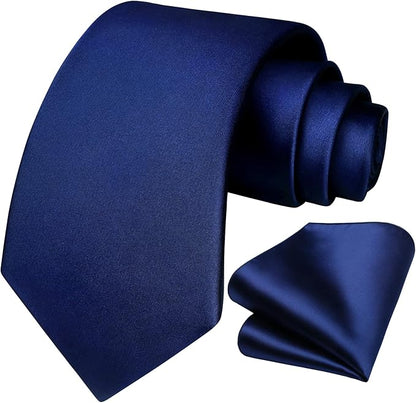 HISDERN Mens Solid Color Ties Formal Satin Necktie and Pocket Square Set Classic Wedding Business Tie & Handkerchief