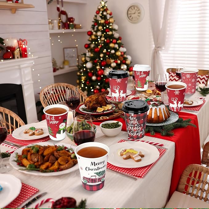 Hallswl 200 Pieces 12 oz Christmas Paper Cups with Lids, Disposable Coffee Cups for Cold Beverage Hot Drinking,Snowflake Snowman Truck Elk Plaid Pattern To Go Cup for Christmas Decorations