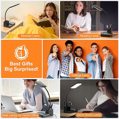 Sailstar Desk Lamp, Table Lamp with Wireless Charger & USB Port, 800LM CRI95 3 Color Modes Dimmable Touch Flexible Arm Pen Holder, LED Desk Lamps for Home Office, College Dorm Room, Adapter Included