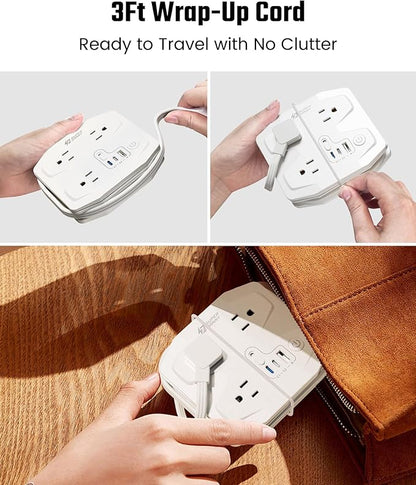 20W Travel Power Strip SUPERDANNY 3-Foot Wrap Up Extension Cord with 3 Outlets and 3 Fast Charging USBs, No Surge Protector Cruise Approved Portable Mini Travel Charger for Home Office Hotel, White