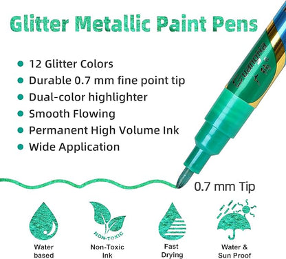 Glitter Markers Pen: Easter Basket Essentials Stuffers 12 Glitter Colors Metallic Shimmer Marker Fine Tip Water-based Ink for Kids Adults DIY Crafts Greeting Birthday Cards Making Mugs Wood