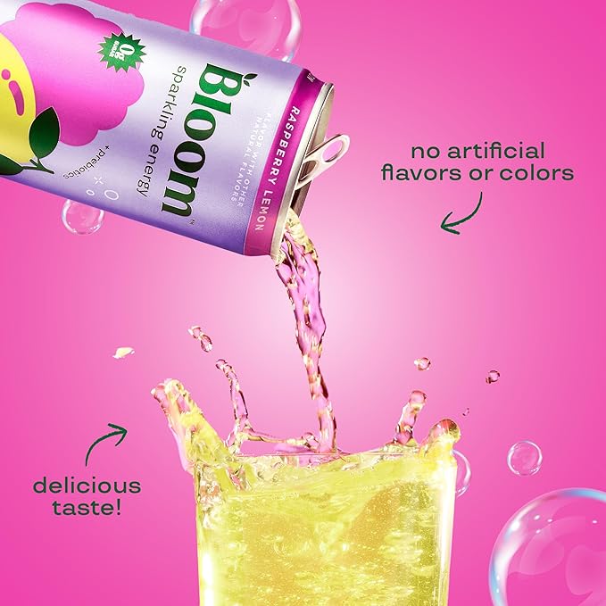 Bloom Nutrition Sparkling Energy Drink for Focus, Natural Caffeine, Zero Sugar, 180mg Caffeine, Antioxidant-Rich with Green Coffee Bean, Green Tea Extract, & Prebiotics, Raspberry Lemon 12oz 24 Pack