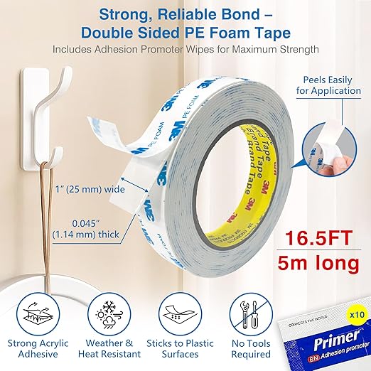 Double-Sided Removable Tape – 1" x 16.5 FT Heavy Duty PE Foam Mounting Tape with Adhesion Promoters – Wall-Safe Waterproof Damage-Free for Posters, Picture Hanging & Painted Walls