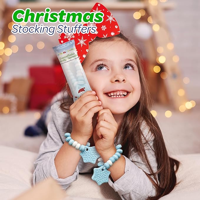 4E's Novelty Christmas Candy Bracelets - 30-Pack Snowflake Stretchable Bulk Candies Individually Wrapped, Fun Christmas Stocking Stuffers & Party Favor Candy for Kids, Blue & White Candies Bracelet