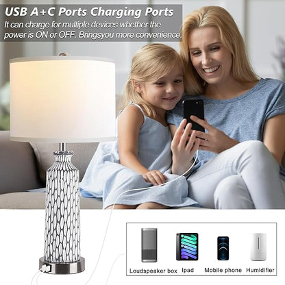 QiMH Table Lamp for Living Room,Bedside Lamps for Bedroom Set of 2 with USB A+C Ports,3-Way Dimmable Touch Control, Modern Coastal White Grey Resin Nightstand Lamp, Included 2700K LED Bulbs
