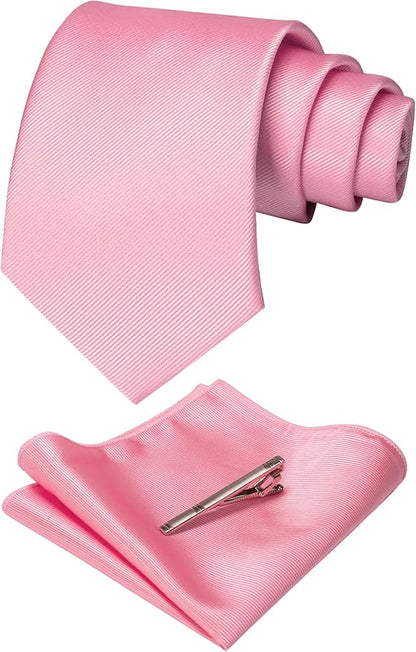 JEMYGINS Solid Color Formal Necktie and Pocket Square Tie Clip Sets for Men