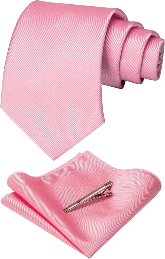 JEMYGINS Solid Color Formal Necktie and Pocket Square Tie Clip Sets for Men