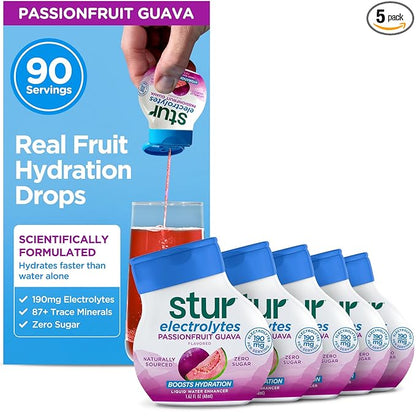 Stur Electrolyte Water Enhancer | Sweetened with Stevia | High in Antioxidants | Sugar Free | Zero Calories | Keto | Vegan | 5 Bottles, Makes 90 Drinks (Passionfruit Guava)