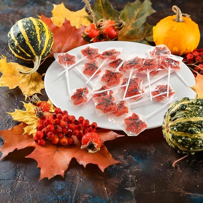 Maple Leaf Lollipops, 50 Pieces of Thanksgiving Candy Individually Wrapped, Perfect Fall Candy Favors for Thanksgiving, Autumn Parties, Cozy Fall Gatherings and Fall Celebrations