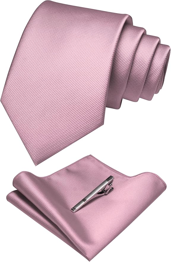 JEMYGINS Solid Color Formal Necktie and Pocket Square Tie Clip Sets for Men